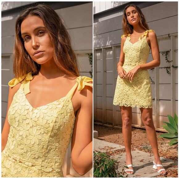 LULUs Spring It On Yellow Floral Embroidered Set Tie Strap Top Skirt | Small - Picture 8 of 13